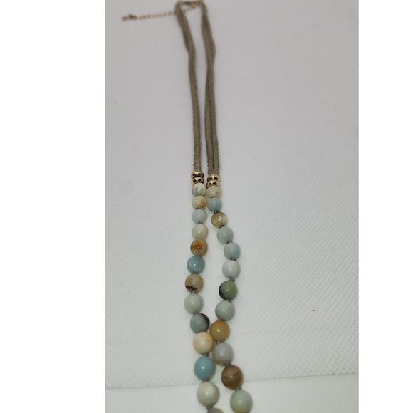 Agate Gold-plated Pendant Beaded Necklace w/ Leather Strap 17" - Picture 4 of 6